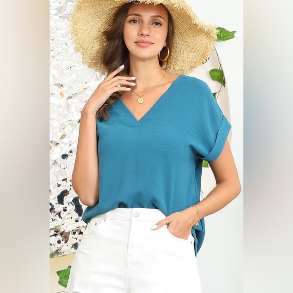 New Women’s Teal V-Neck Short Sleeve Top oversized loose fit lightweight summer
